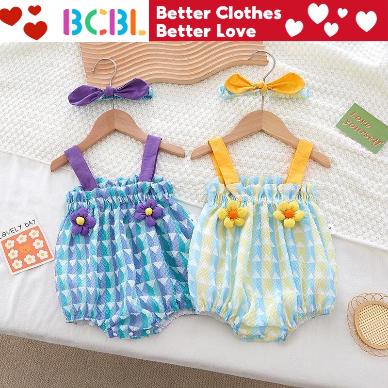 Áo liền quần BCBL hai dây họa tiết kẻ sọc trang trí bông hoa có băng đô thời trang mùa hè xinh xắn cho bé gái 3-6 tuổi