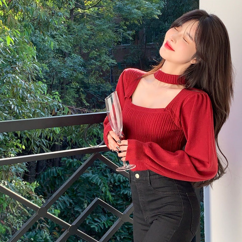 Áo dệt kim cổ vuông tay phồng phong cách Pháp quyến rũ