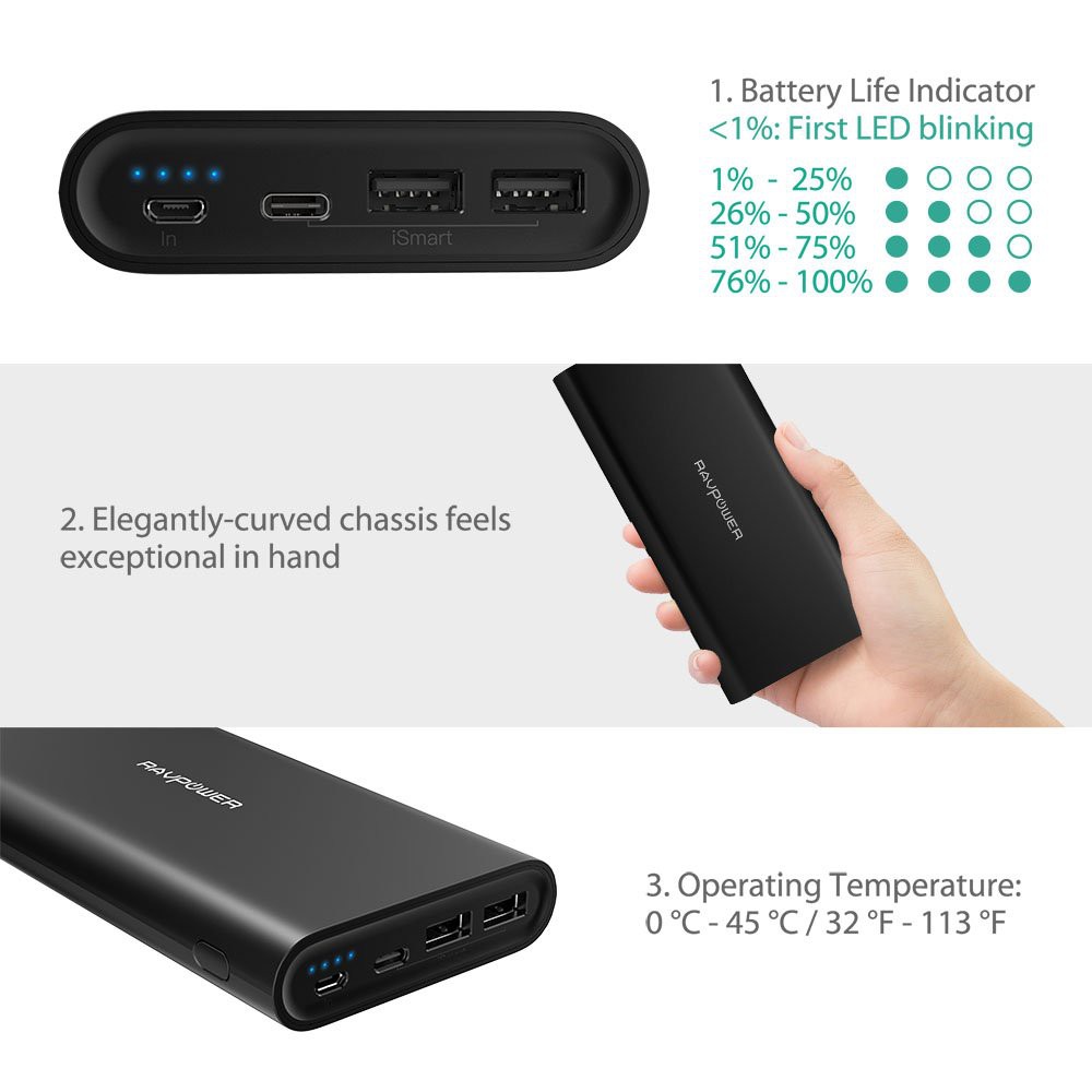 [Mã ELTECHZONE giảm 5% đơn 500K] Pin Sạc Dự Phòng RAVPower 26800mAh 15W Cổng In/Out Type-C, RP-PB067:Black