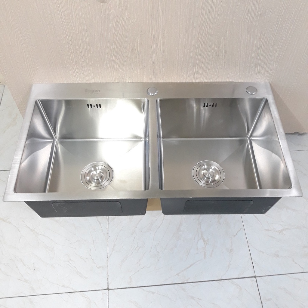 Bộ Chậu rửa chén bát INOX 304 cao cấp 2 hố cân cỡ 82x45cm, màu xám bạc chống trày xước, dễ vệ sinh - QM.CR001