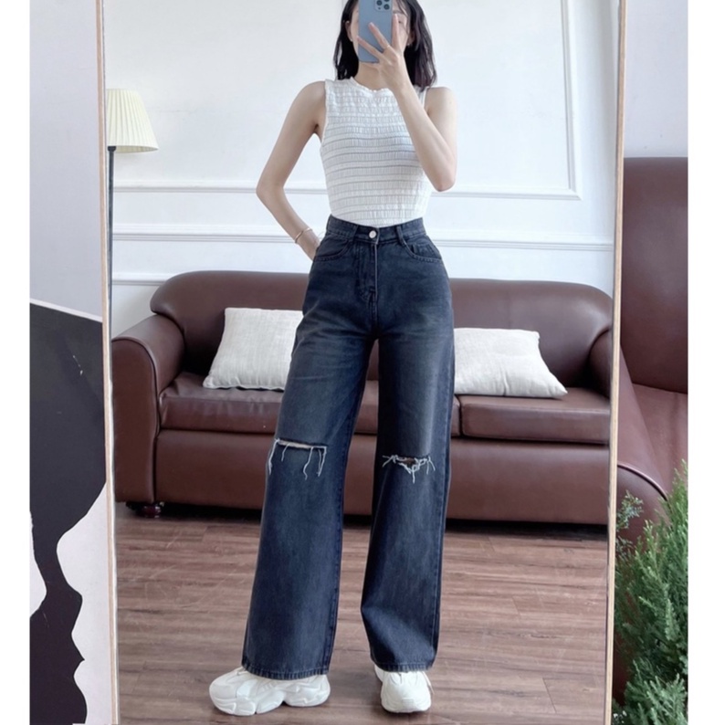 Quần jean dài ống rộng rách gối màu đen-xanh lưng cao, phom Ulzzang