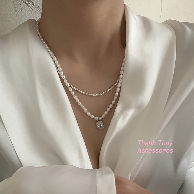 Dây chuyền nữ dây hợp kim xù màu bạc kết hợp hạt châu nước ngọt chưa chế tác