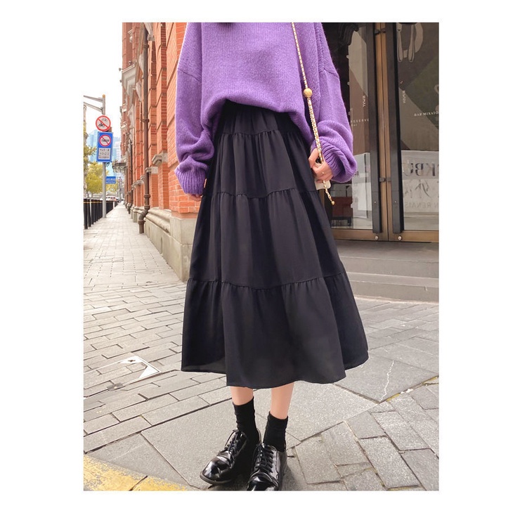 SUCV002 Chân váy dài đen trắng xinh xắn Đầm xoan maxi 3 tầng bèo nhún tiểu thư công chúa bánh bèo Ulzzang