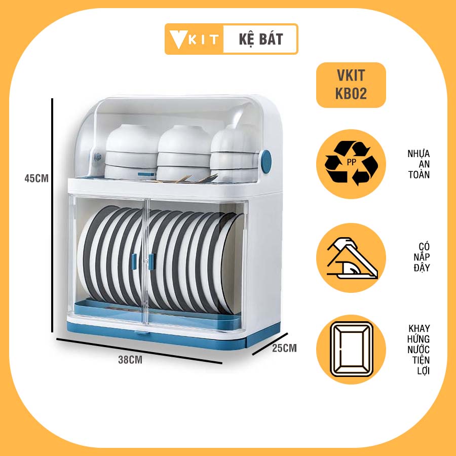 Giá để và úp bát chén nhựa có nắp đậy - kệ bát nắp đậy 2 tầng chống bụi bẩn thoát nước tốt KB02