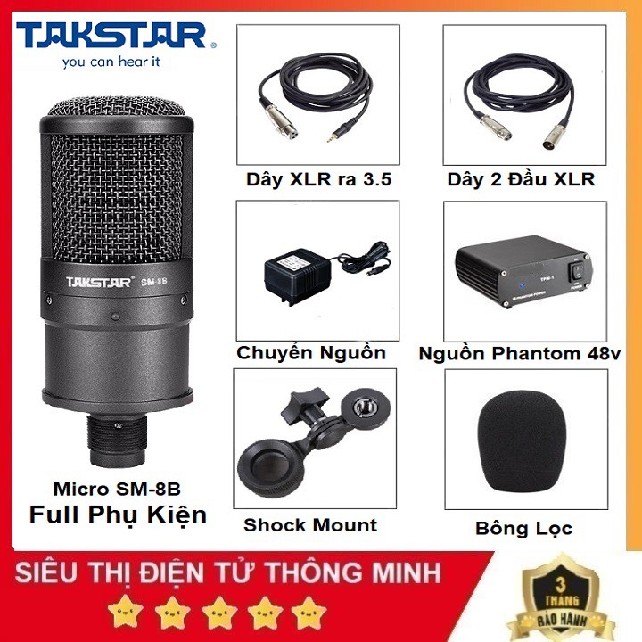 Micro Takstar SM-8B, Tặng Dây Canon Mic Chuyên Thu Âm - Hát Live Stream - Nguồn Phantom 48v Đầy Đủ dây