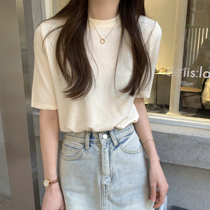 Áo thun dệt kim Xiaozhainv tay ngắn 7 màu sắc đa dạng phong cách Hàn Quốc thời trang cho nữ