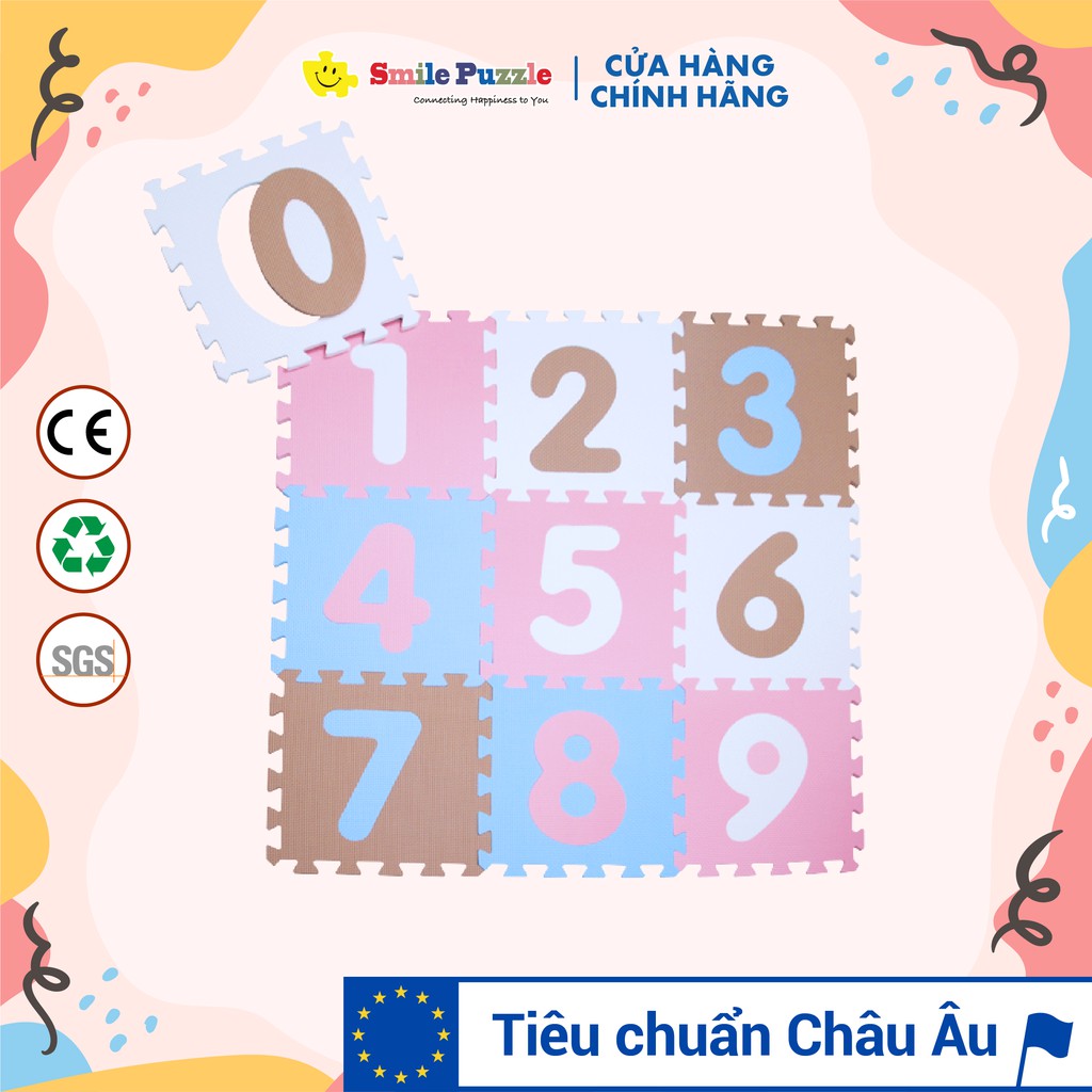 THẢM CHƠI CHO BÉ SMILE PUZZLE - CHỮ SỐ PASTEL - KHÔNG MÙI - TIÊU CHUẨN CHÂU ÂU (10 miếng, kích thước 0,6mx1,5m)