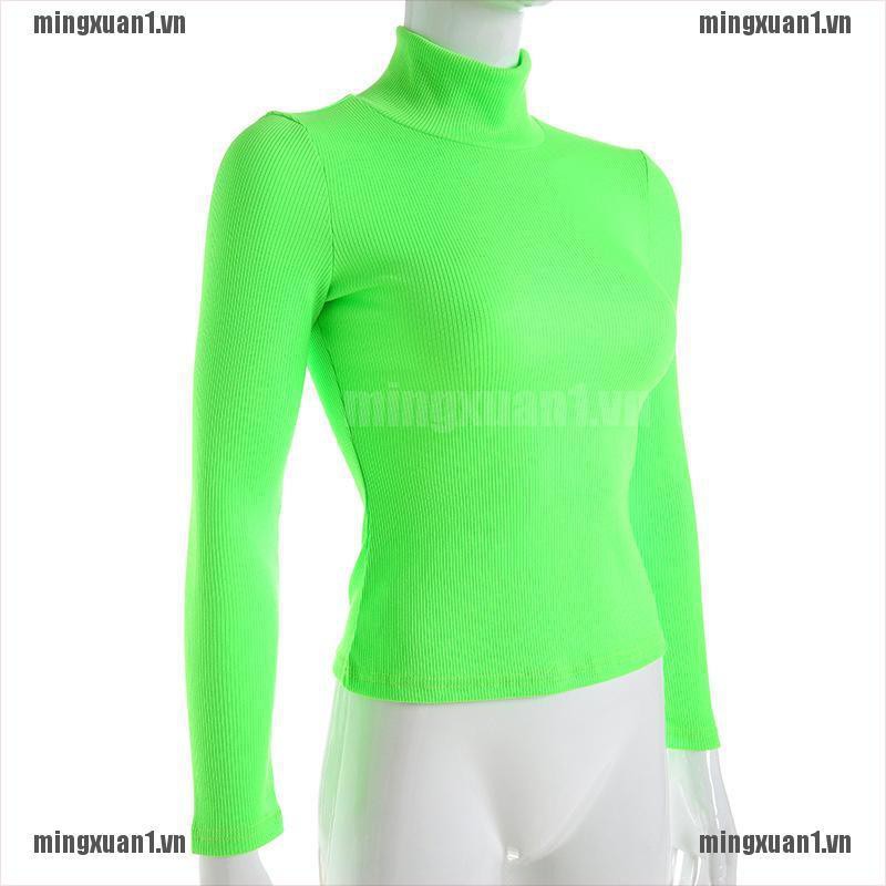 MINON Autumn Winter Neon Color Ribbed TShirt Women Turtleneck Fashion Knitted Tops Tee VN