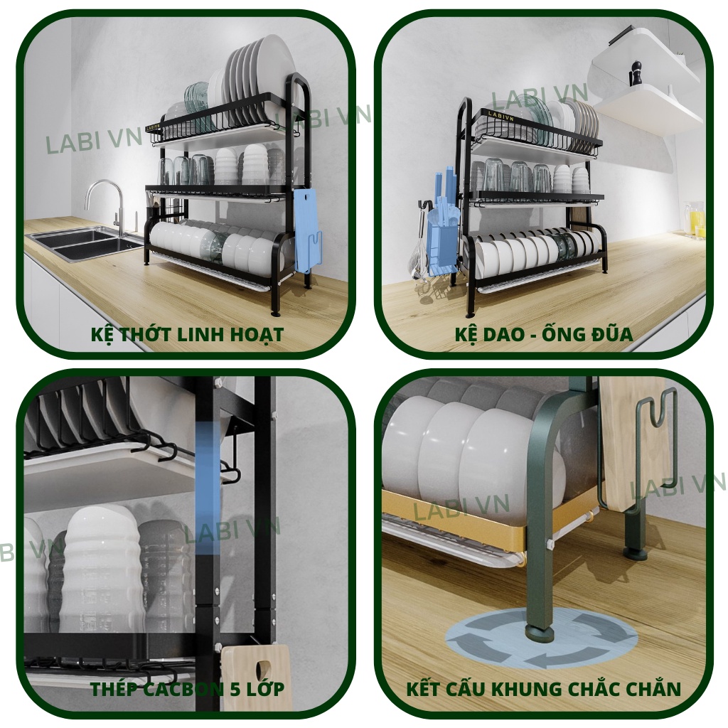 Kệ úp chén đa năng LABI VN LB067 thép Cacbon không gỉ, kháng khuẩn, có 2 tầng và 3 tầng với 2 màu lựa chọn