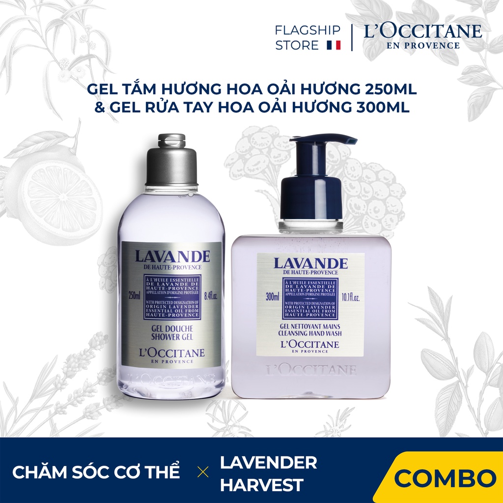 Gel Tắm L'Occitane Hương Hoa Oải Hương 250ml &amp; Gel rửa tay hoa Oải Hương Lavender Cleansing Hand Wash 300ml