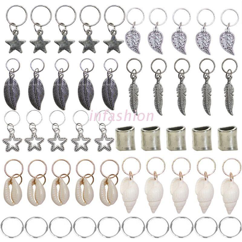 INF 50 Pieces Hair Braid Rings Pendant Charms Silvery Star Leaves Feather Shell Conch Metal Cuffs Headband Decoration Accessories
