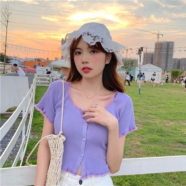 Áo len tăm croptop viền ren cúc bọc, Áo kiểu len mỏng dáng ngắn AL1123 - NhiNhi Shop