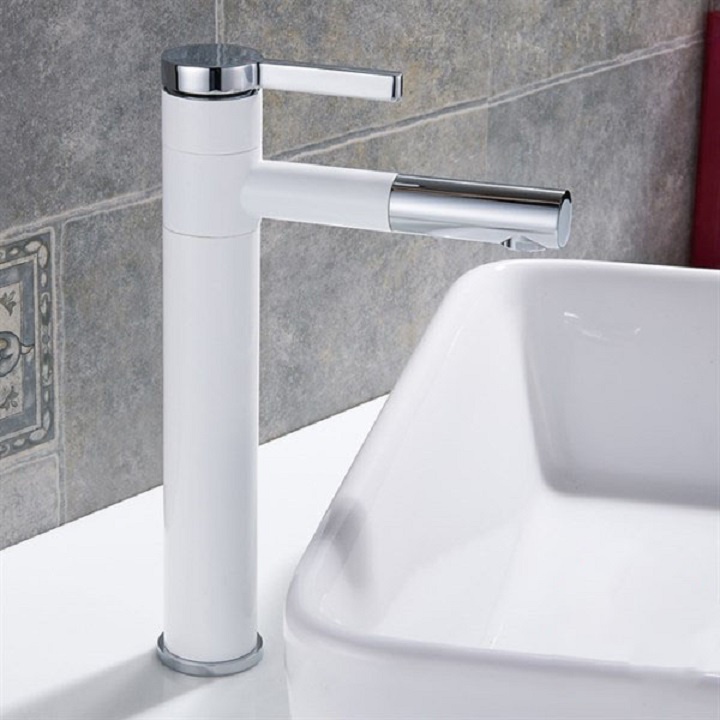 Vòi Lavabo, vòi chậu rửa mặt nóng lạnh điếu mỏ xi sơn tính điện Trắng Bạc chất liệu đồng cao cấp