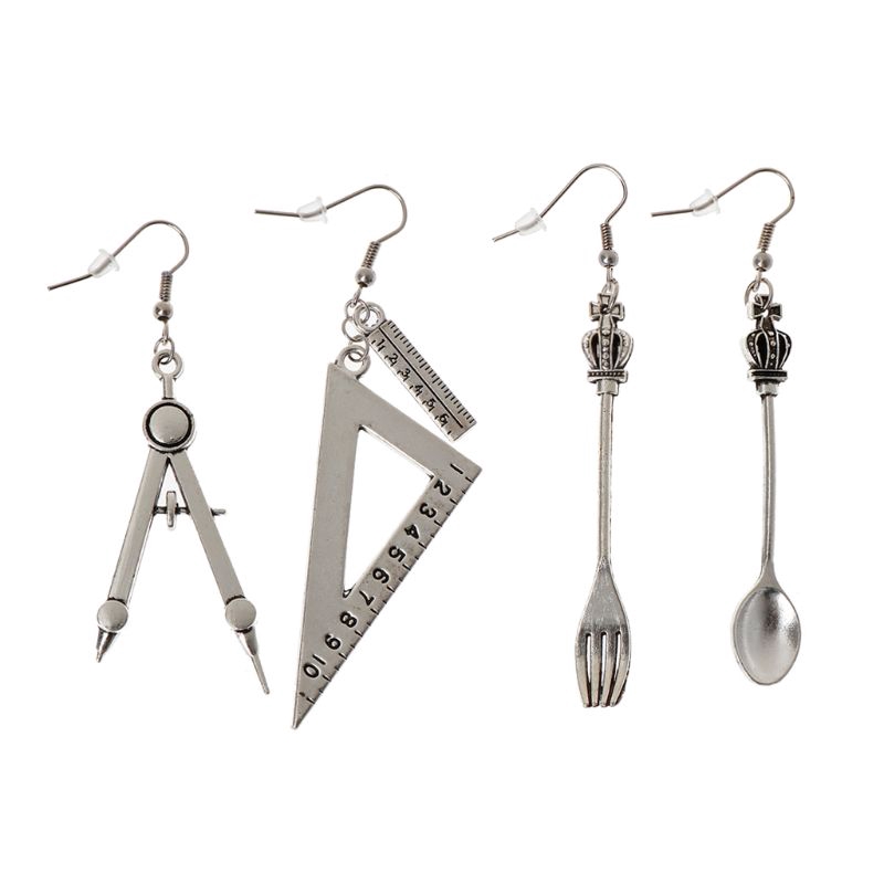 flgo* Harajuku Spoon Fork Triangle Ruler Asymmetric Earrings Antique Sliver Jewelry
