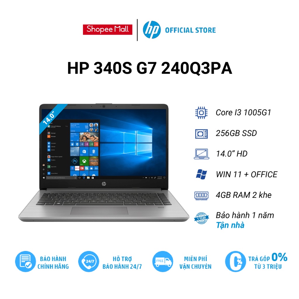 Laptop HP 340s G7 (240Q3PA) i3-1005G1 4GB D4 256GB SSD 14.0&quot; HD FP WL BT 3C41WHr