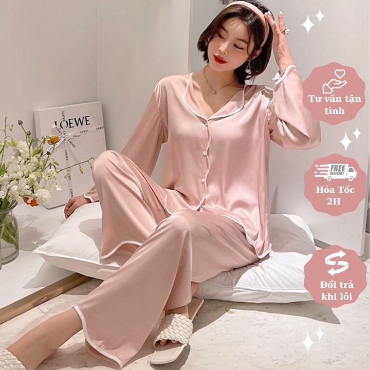 Set ngủ dài tay lụa viền cao cấp. Bộ pyjama mặc nhà mềm mại, thoáng mát. Size từ 38-67kg,Màu Trắng - Hồng. Kèm ảnh thật