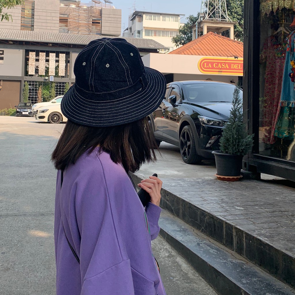 Mũ Bucket denim dây buộc chống gió che nắng phong cách công nghiệp Nhật Hàn