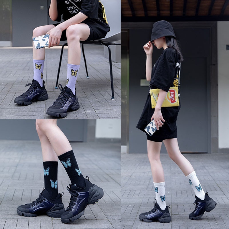 2021 Trend Butterfly Socks White Women Streetwear Harajuku Women Crew Cotton Socks Size 36-42 Japanese Hip-hop Skateboard Socks