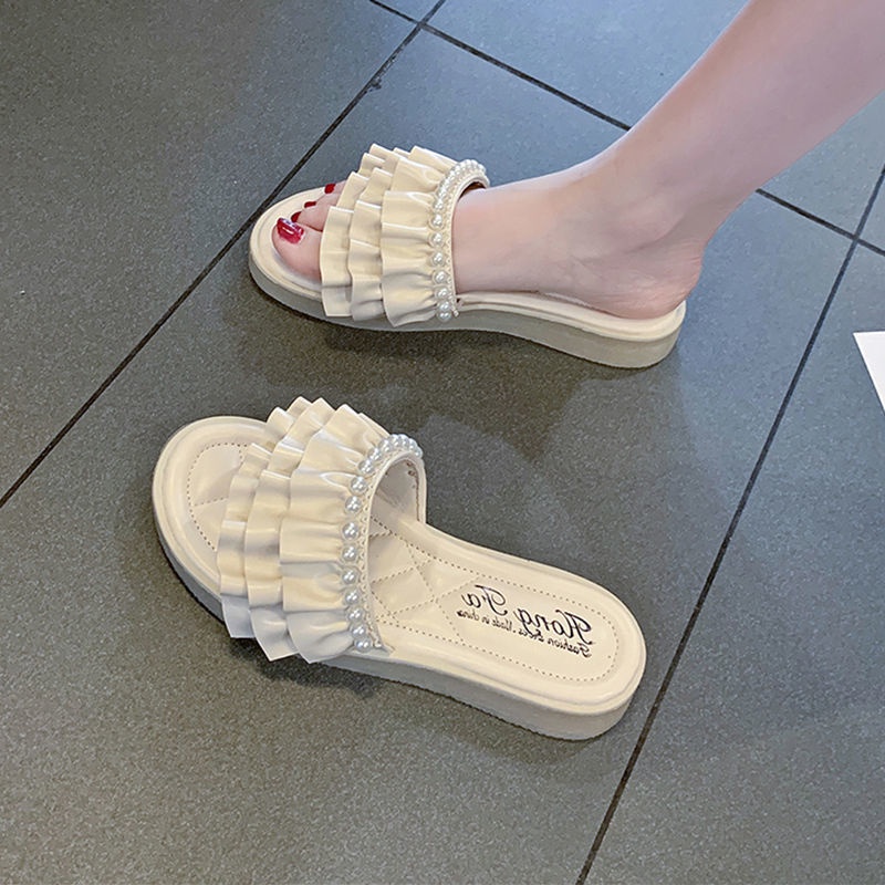 Dép Sandal Đi Biển Đế Mềm Đính Hạt Ngọc Trai Dành Cho Nữ
