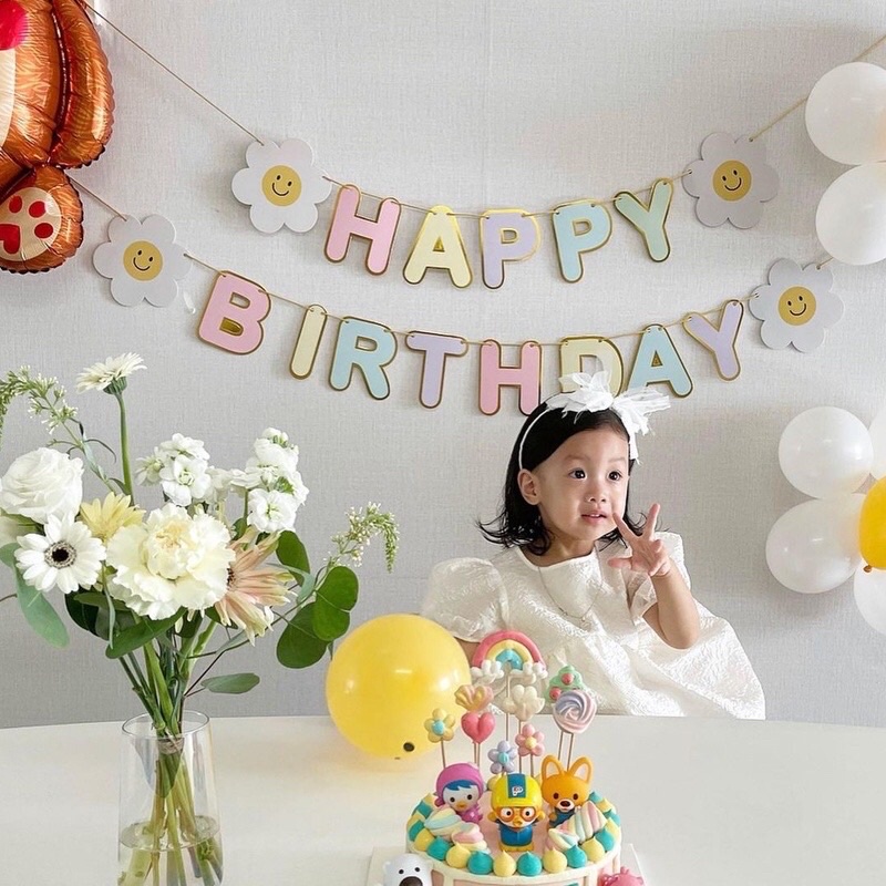 Dây treo sinh nhật happy birthday chủ đề hoa cúc trắng hoa daisy màu pastel macaron