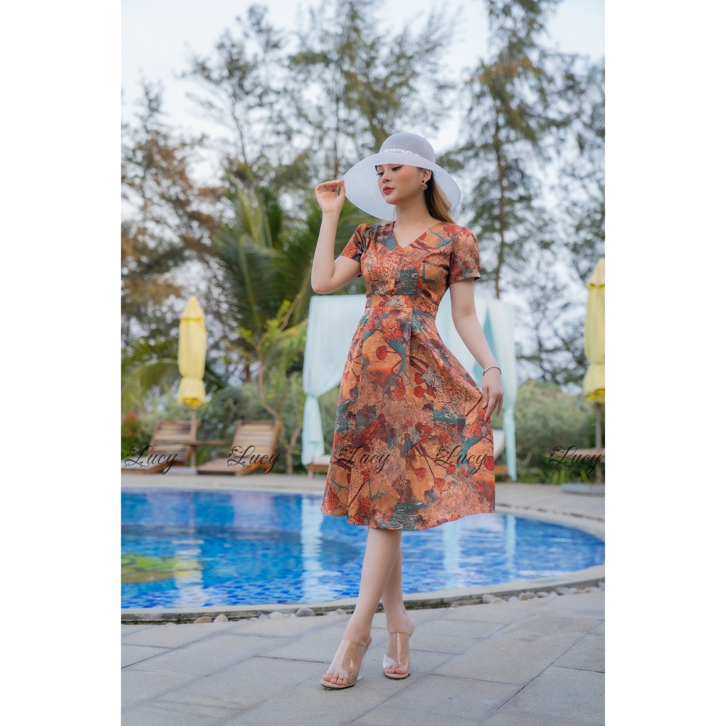 Đầm Kalar vân pháp 2459 Váy Lucy lụa hoạ tiết sang trọng giá rẻ