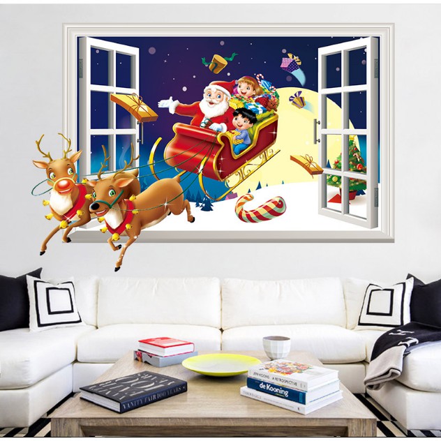 Decal dán tường Noel - Cửa Sổ hoạt hình Noel phát quà 02