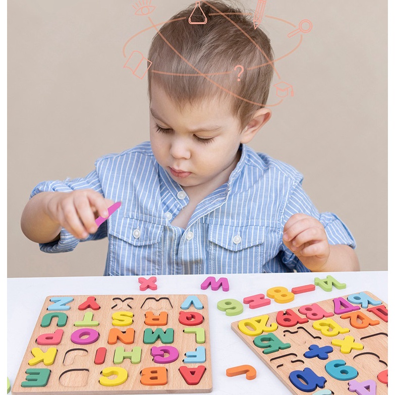 Bộ 3 Bảng Gỗ Nổi Cho Bé Học Chữ Cái, Hình Khối Và Chữ Số - Tặng sticker 24 hình