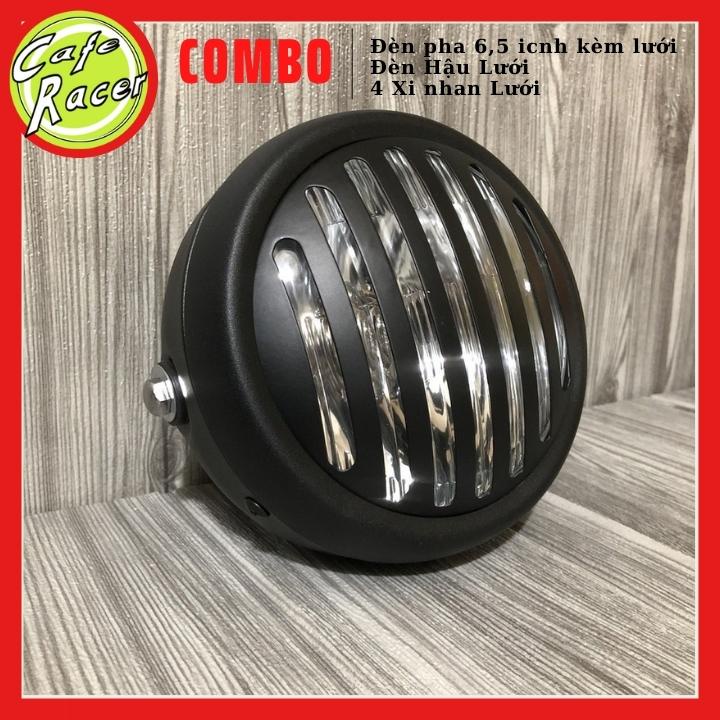 Combo đèn pha lưới 6,5icnh gáo sắt mặt kính cùng đèn hậu lưới và 4 xi nhanh lưới độ xe CAFE RACER