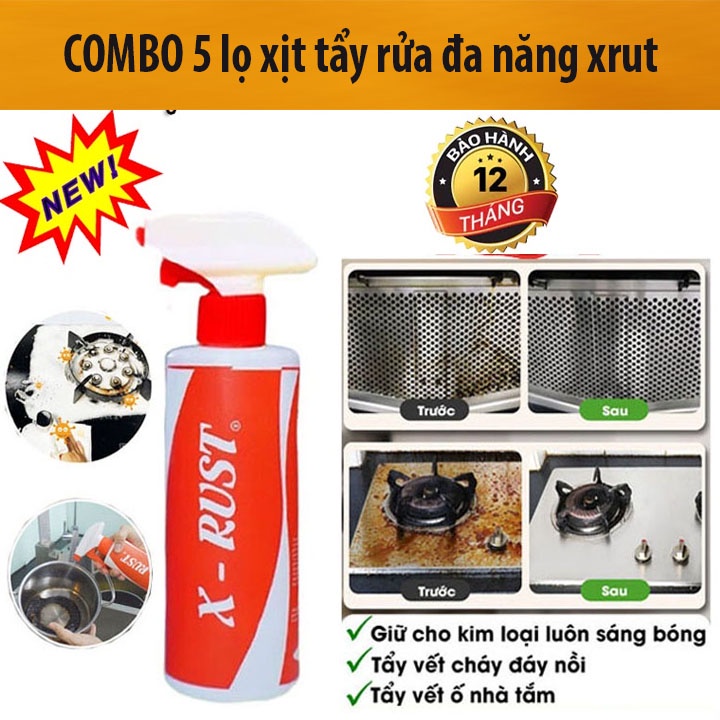 [COMBO 5 CHAI] Chai xịt tẩy rửa nhà bếp đa năng XRUST, nước tẩy dầu mỡ nhà bếp kính, kim loại, làm m