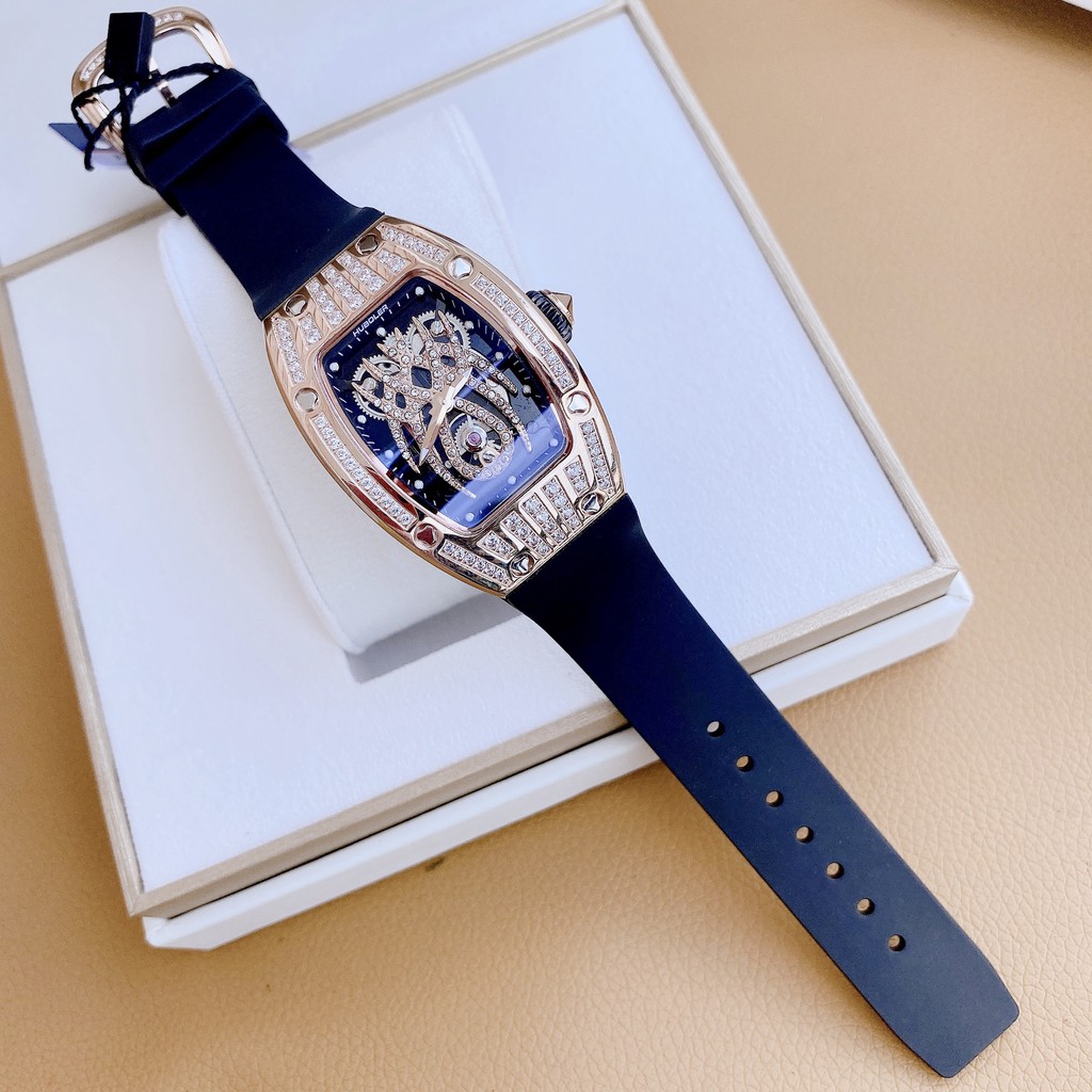 Đồng Hồ Huboler Nữ Dây Da Silicon Đen Mặt Nhện Rose Gold Chính Hãng 31x42mm
