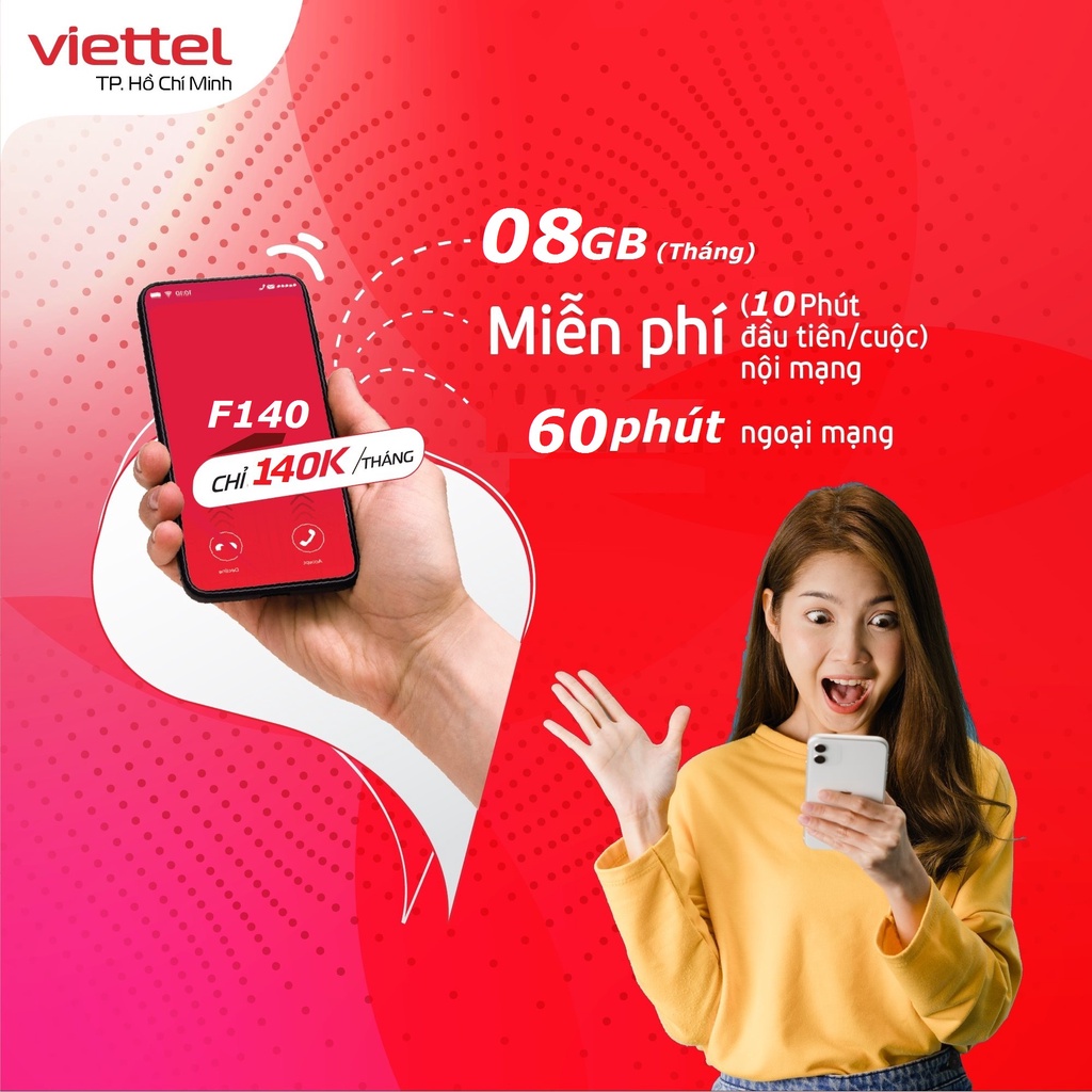 Sim 4G Viettel gói F140 miễn Phí gọi nội mạng dưới 10 phút và 8GB tháng