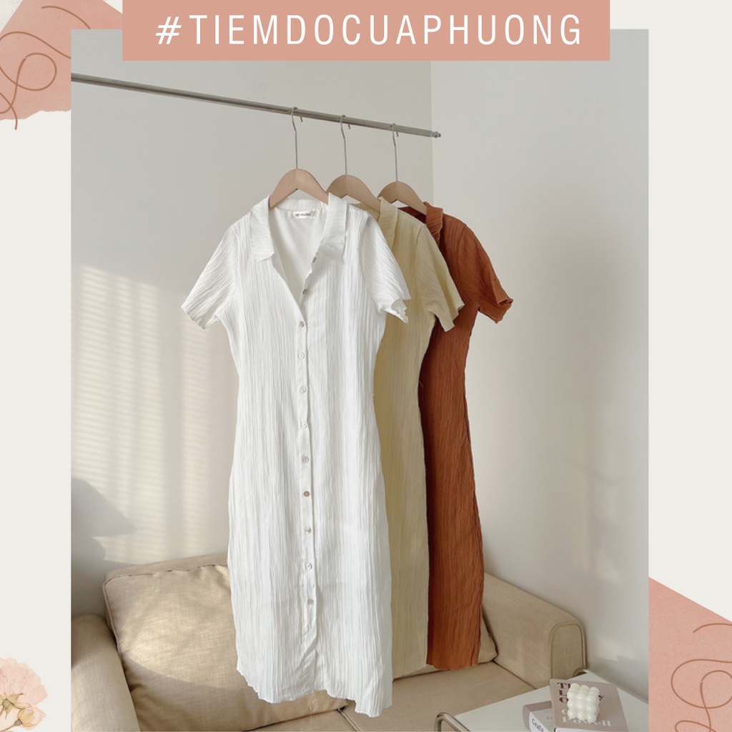 Váy/Đầm sơ mi đũi nhăn hai lớp cộc tay dáng dài cúc khảm trai siêu xinh
