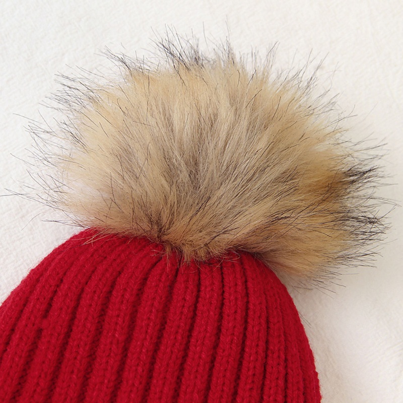 Mũ Beanie Dệt Kim Phối Bóng Lông Màu Sắc Trơn Giữ Ấm Mùa Đông Dành Cho Trẻ Em