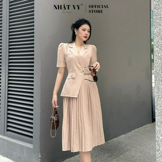 Đầm vest công sở Nhật Vy dập ly tay dáng dài chất lụa sọc gân phù hợp dự tiệc sang chảnh - D2724