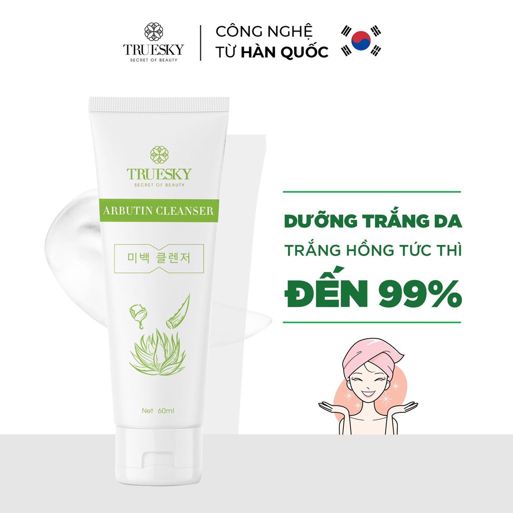 [Mã FMCGMALL -8% đơn 250K] Sữa rửa mặt trắng da và ngăn ngừa lão hóa chiết xuất nha đam Truesky Arbutin Cleanser 60ml