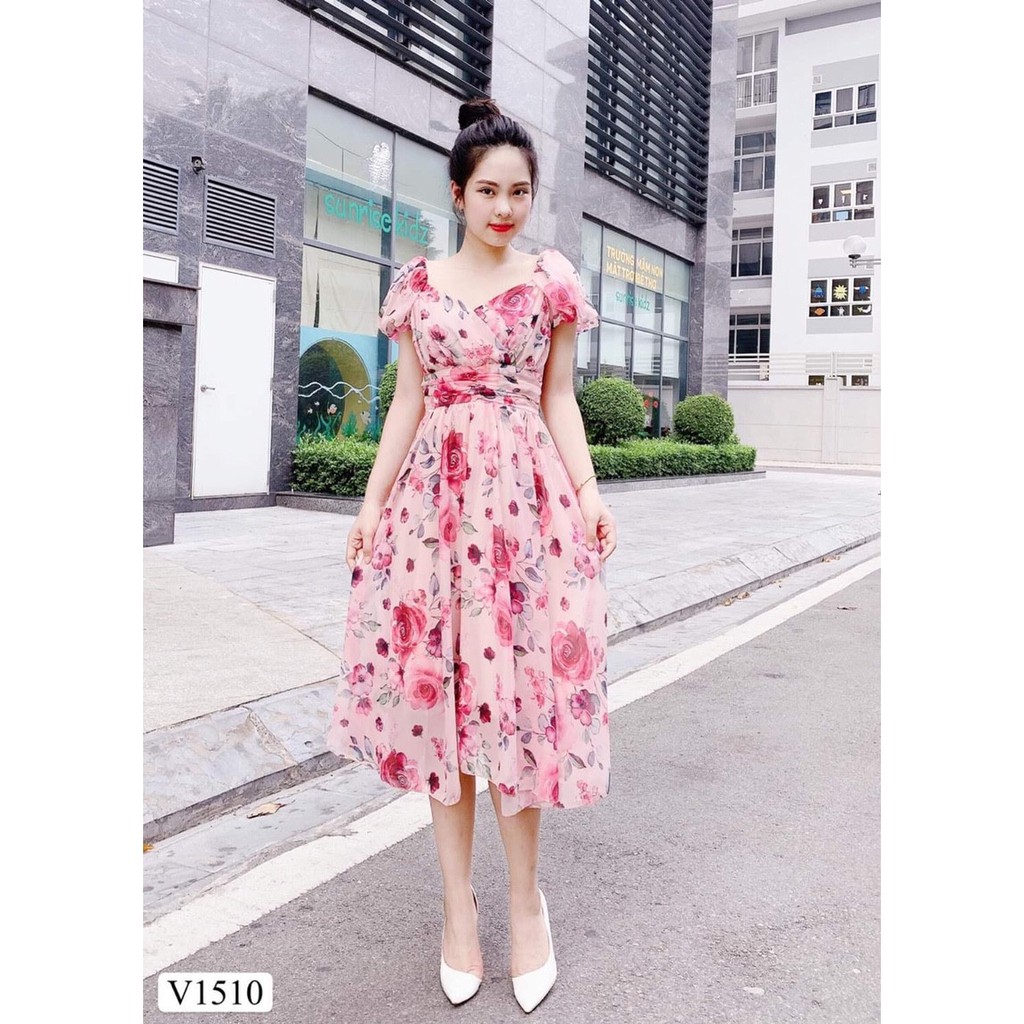 Đầm Váy Hoa Hồng Tay Phồng Xếp Ly Dáng Xòe Qúy Cô Dự Tiệc | BigBuy360 - bigbuy360.vn