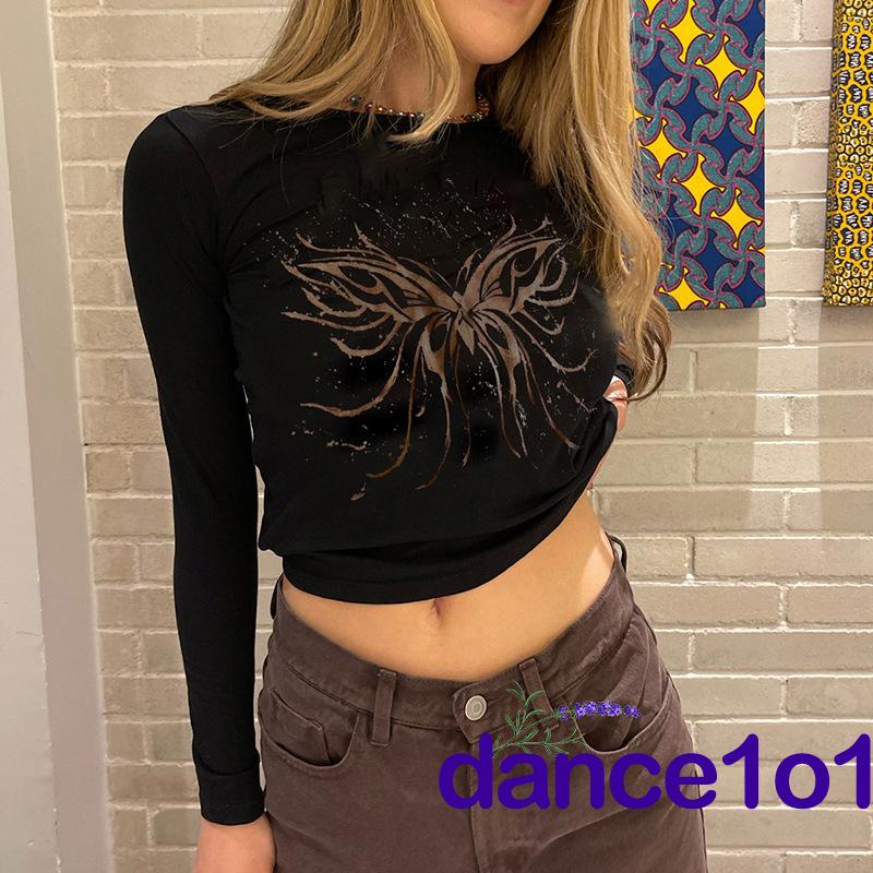 Áo thun tay dài cổ tròn dáng ôm in họa tiết hình bướm thời trang cho nữ