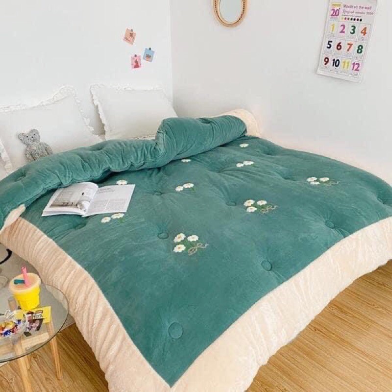 Chăn lông thỏ hoa cúc thêu len 4,5kg, 2mx2m3 siêu dày đắp mùa đông đại hàn cực ấm (tặng túi đựng siêu sang)