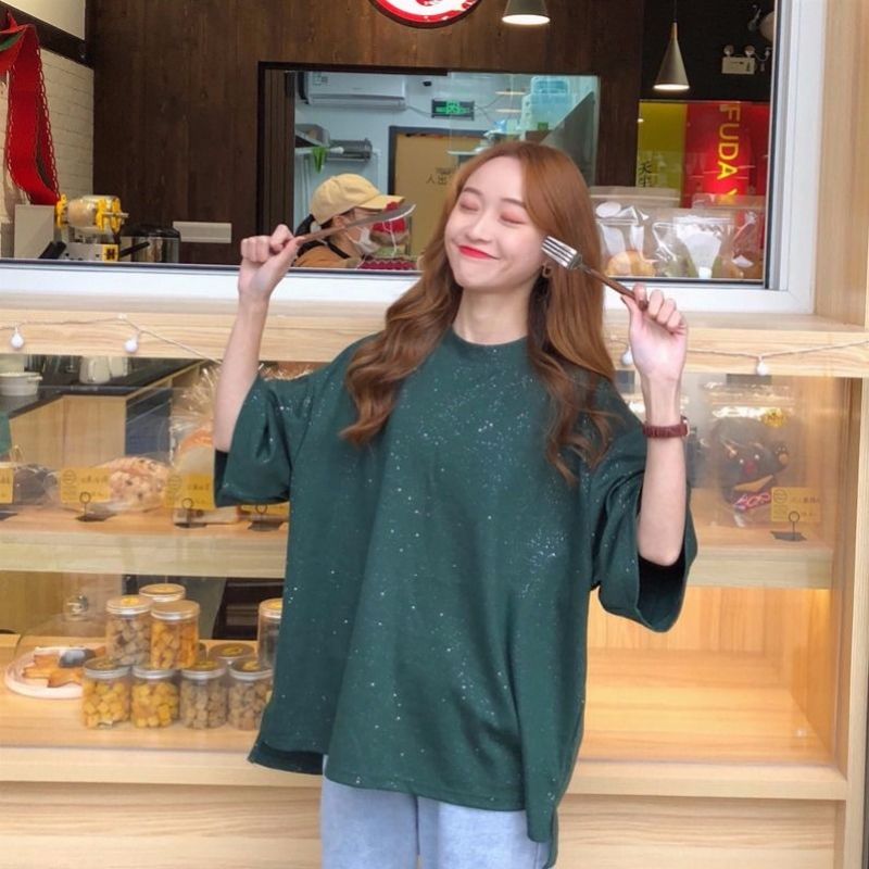 Áo Thun Tay Ngắn Dáng Rộng Màu Trơn Phong Cách Hàn Quốc Cho Nữ