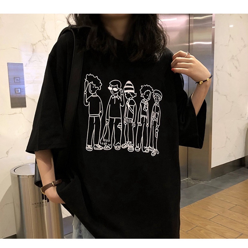 Áo Thun Nữ Tay Ngắn Cổ Tròn Dáng Rộng In Hình Hoạt Hình Dễ Thương