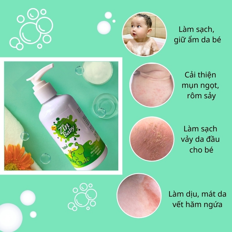 Sữa tắm cho bé chống rôm sảy mụn nhọt hăm ngứa thảo dược sơ sinh an toàn hiệu quả bé trai bé gái 2in1 Zin Baby