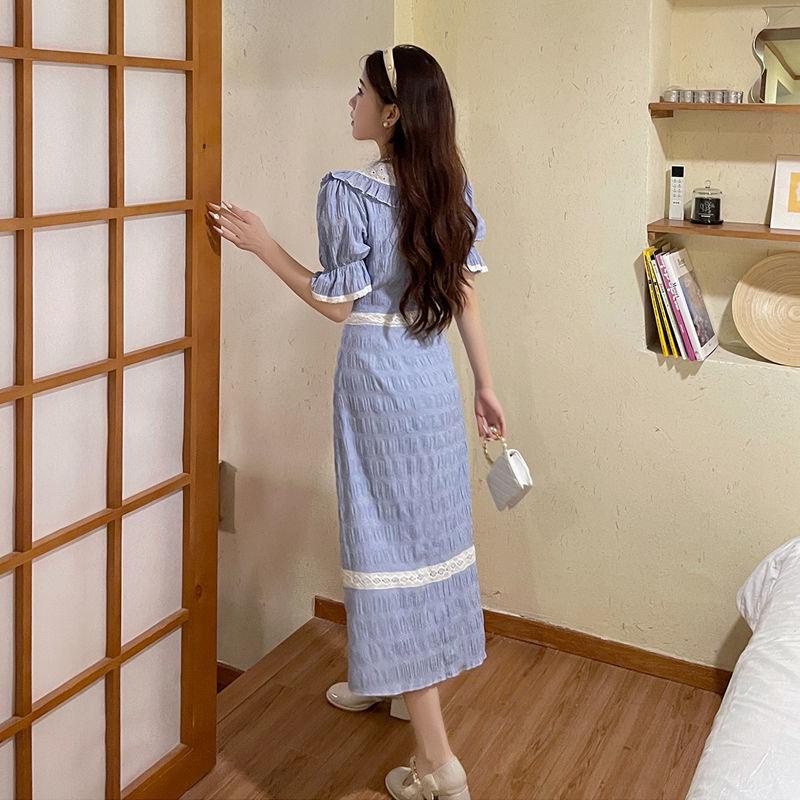 Đầm Nữ Dáng Dài Chiết Eo Màu Trắng / Xanh Sữa Phong Cách Pháp Thanh Lịch