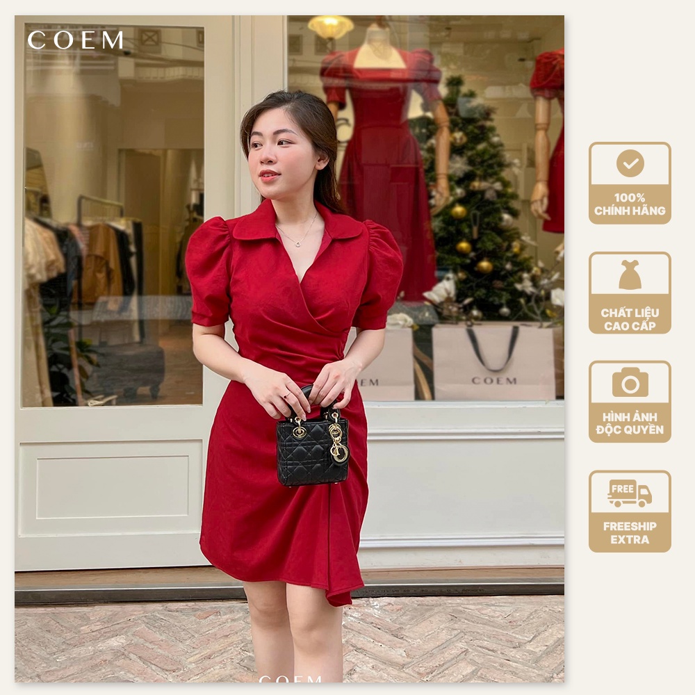 Váy Sơ Mi Công Sở Thắt Eo Tay Phồng Màu Đỏ CO EM Chất Liệu Linen Premium Cao Cấp Tốt Phù Hợp Đi Làm Đi Chơi - KHÁNH ĐỎ