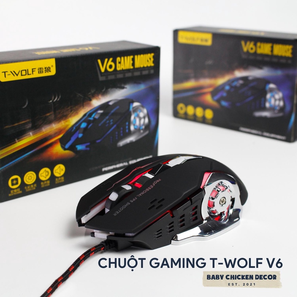 Chuột máy tính có dây, chuột gaming T-WOLF V6 chơi game cực nhạy có Led chuyển màu