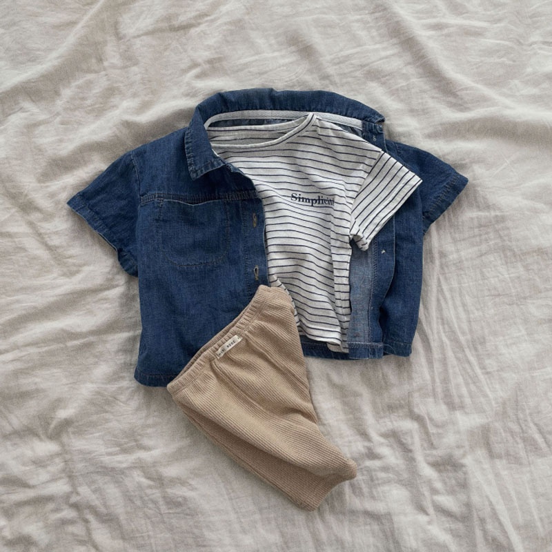 Bộ quần áo bò jean hè siêu thoáng mát thấm hút mồ hôi cho bé trai gái 10-25kg