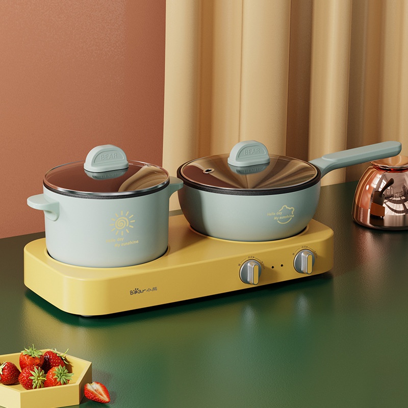 Set Bếp Điện Đôi Bear Gồm Chảo Và Nồi Có Nắp Đậy Bằng Kính Và Chống Dính Tiện Lợi Ở Một Mình Hoặc Sinh Viên