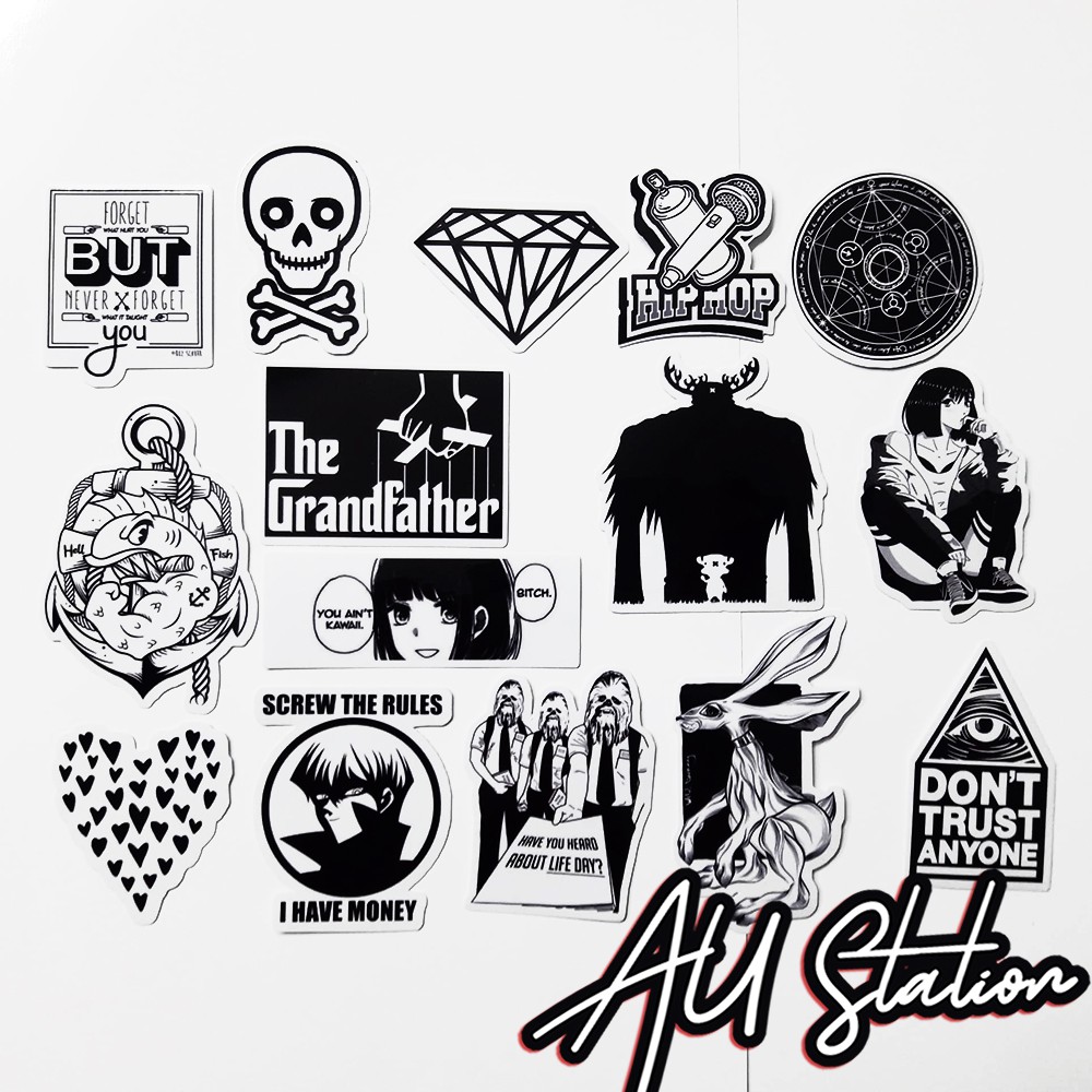 50 Sticker *Black &amp; White* nhựa PVC không thấm nước, dán nón bảo hiểm, laptop, điện thoại, Vali, xe