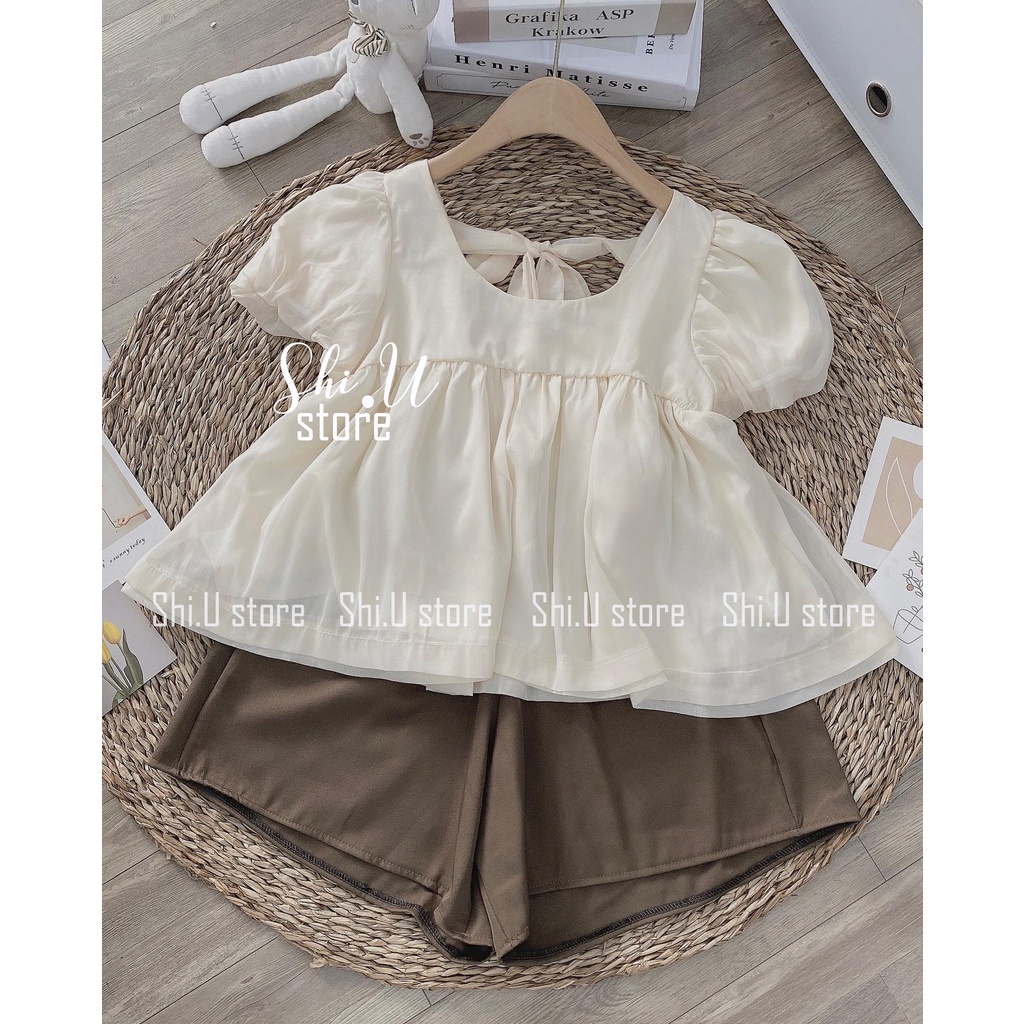 Set áo babydoll voan tơ nơ lưng kèm quần đùi nâu ống rộng ulzzang xinh xắn