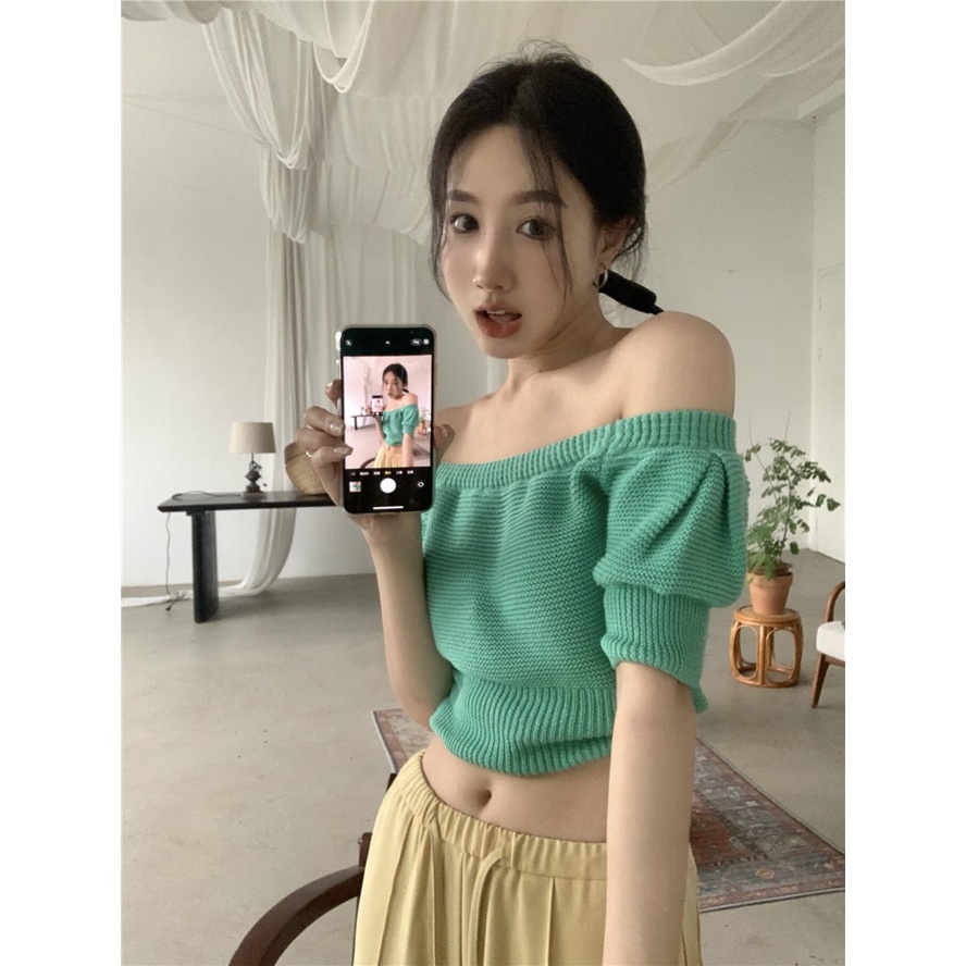 Porozi  Áo dệt kim  ngắn tay trễ vai phong cách Hàn Quốc thời trang dành cho nữ