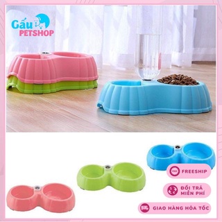 Bát đôi hình sò gắn bình nước cấp nước tự động cho chó mèo